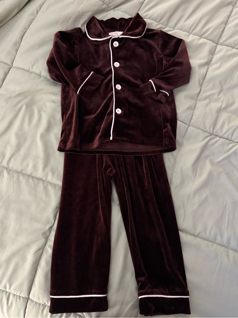 Plush Velvet Kids Pajama Set in Dark Brown with White Piping